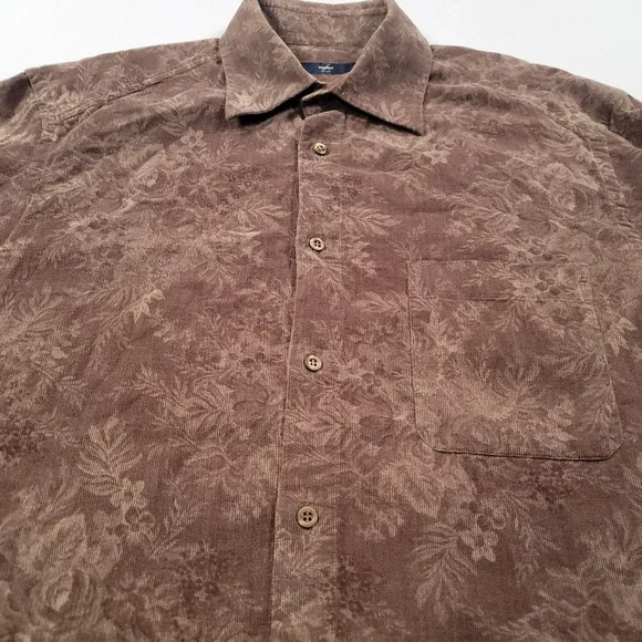 Zegna Sport Men's Corduroy Jacquard Floral Button-Up Shirt Size L Brown Cotton